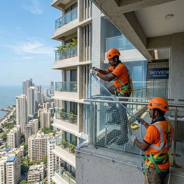 Safety net workers on apartment building